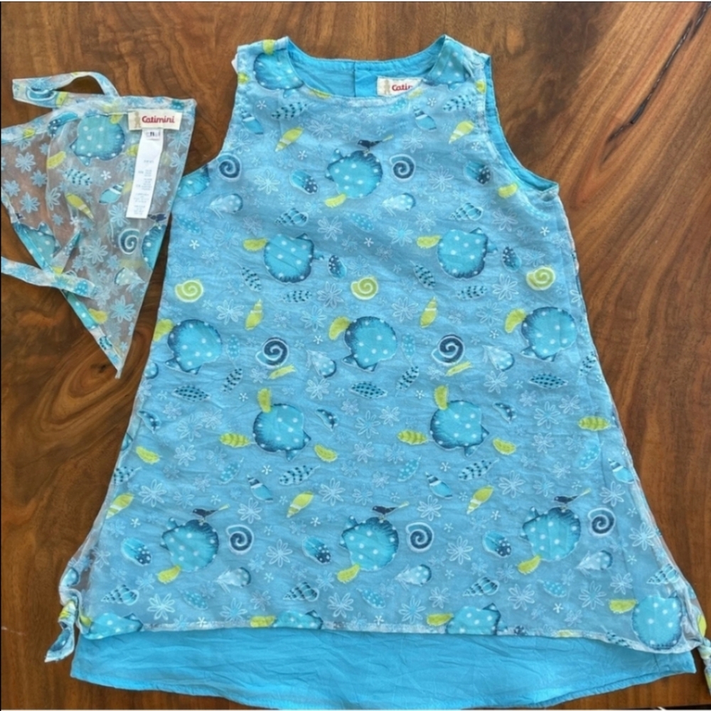 Catimini set blue lined sundress dress and head piece